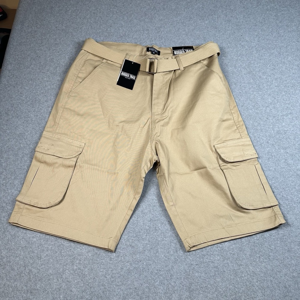 Rugged Trail Cargo Shorts Mens 36 Tan Khaki Stretch Belted Cotton Workwear NWT